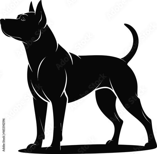 Black dog silhouette standing alert white background