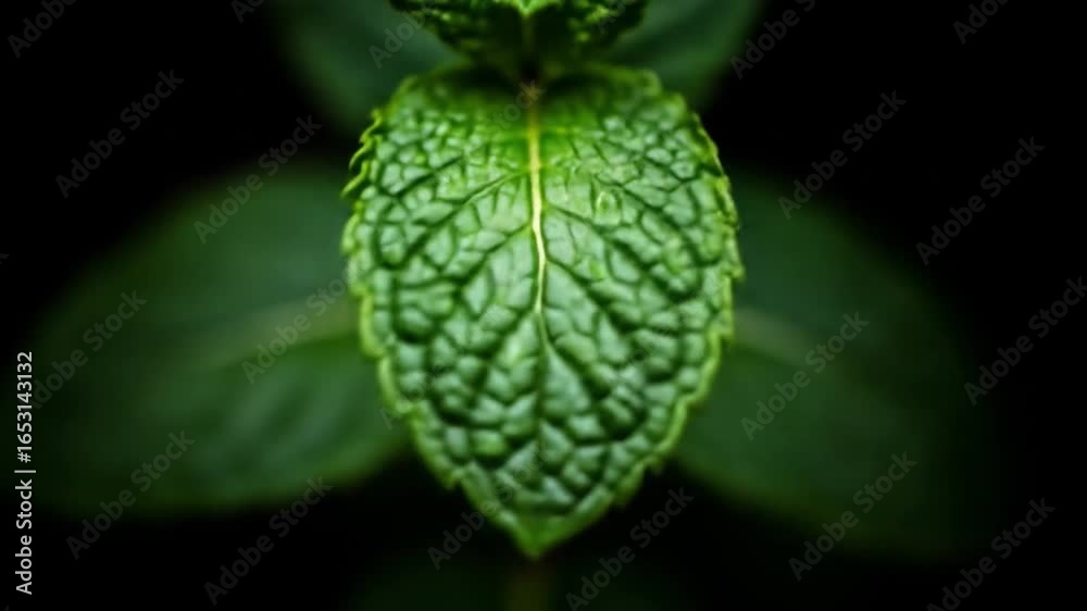 Fresh mint leaves on a black background, showcasing vibrant color and texture Fresh mint leaves on a black background, showcasing vibrant color and texture
