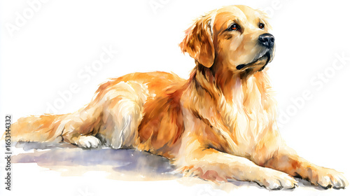 Watercolor illustration of Golden Retriever dog on white background