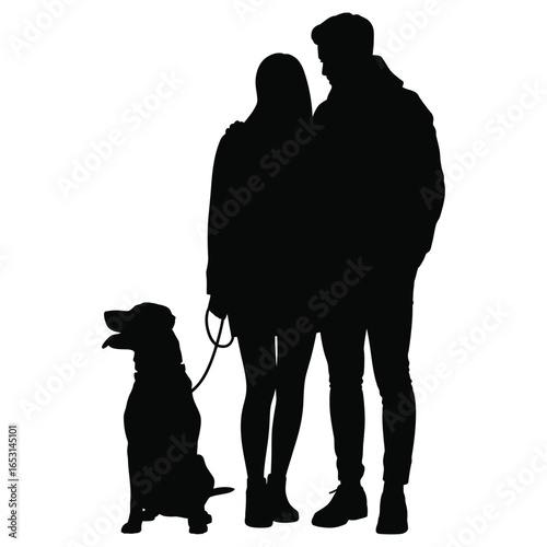 Silhouette of couple standing side by side with dog on leash isolated on white background vector illustration