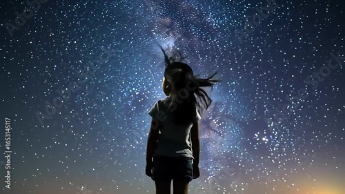 Girl gazing Milky Way, night sky