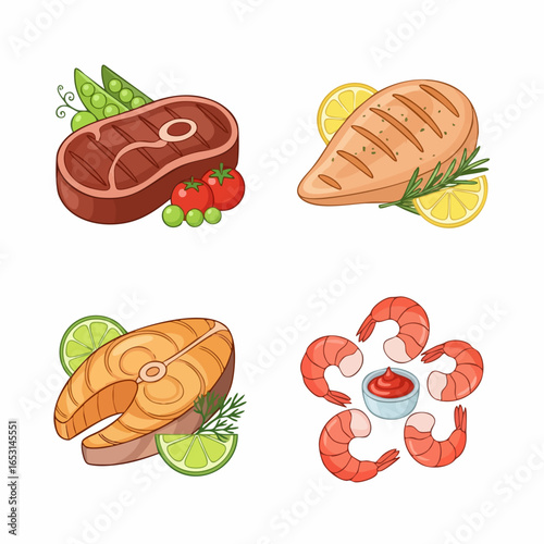 Vector SVG Illustration of Seafood Platter with Fish Shrimp and Lemon in Modern Flat Style