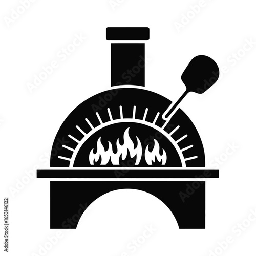 Silhouette of pizza oven with flames and pizza paddle rustic style isolated on white background vector illustration