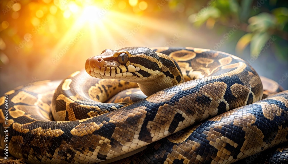 Fototapeta premium Regal Python Coiled in Serenity: A Captivating Glimpse into Reptilian Majesty