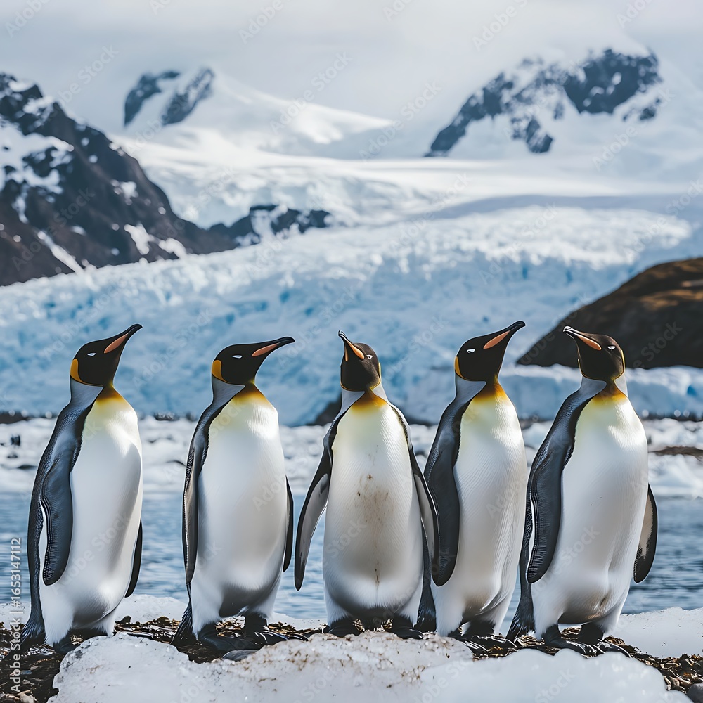 Fototapeta premium Penguins stand beneath towering glacier cliffs high resolution picture