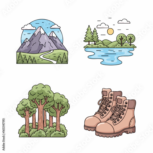 Vector SVG Illustration Set of Nature and Outdoor Elements in Modern Flat Style with Bright Colors
