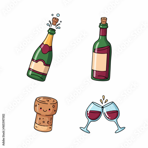 Vector SVG Illustration of Celebration Scene with Champagne Bottles Corks and Wine Glasses in Flat Design Style with Bright Colors