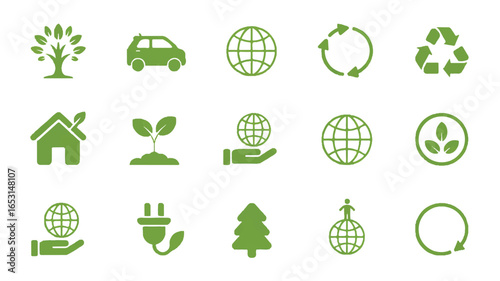 Assortment of green eco-friendly icons representing environmentalism and sustainability tree