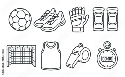 Icon set featuring various sports equipment on a dark background