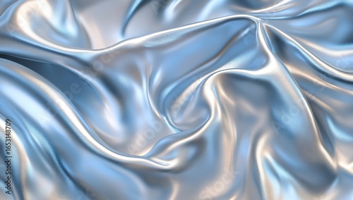 Abstract background with a shiny white satin texture, in pastel blue and silver colors. Background of an elegant cloth in a wave form for design. Shiny satin fabric. Delicate liquid metallic waves