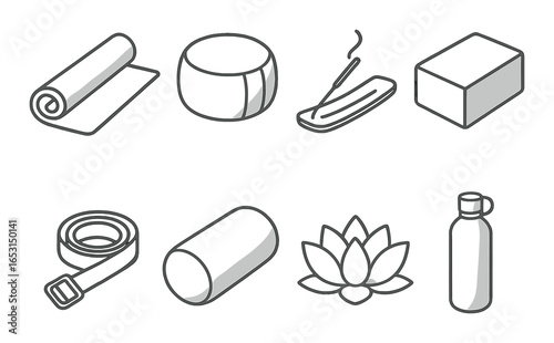 Set of classroom and office furniture icons featuring chairs, lockers, projector screens, and bookshelves