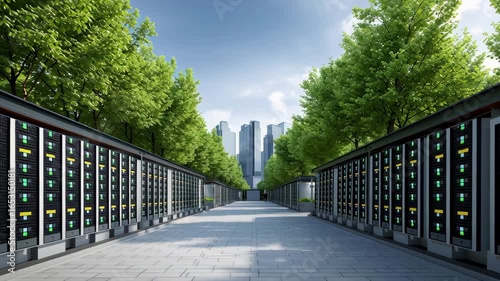 Renewable energy grid modernization with battery storage systems in green urban environment with city buildings in background
