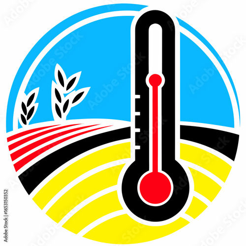 Icon with thermometer, sun and percentage symbolizing hot weather, air temperature and humidity. Concept of climate, heat, forecast and environmental conditions.