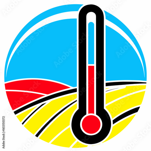 Icon with thermometer, sun and percentage symbolizing hot weather, air temperature and humidity. Concept of climate, heat, forecast and environmental conditions.