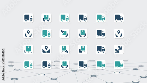 Collection of delivery and logistics icons on a network background truck package