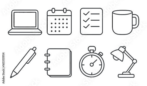 Office essentials icons: laptop, calendar, checklist, mug, pen, notebook, stopwatch, lamp