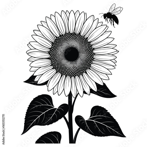 Silhouette of sunflower with bee hovering near petals isolated on white background vector illustration