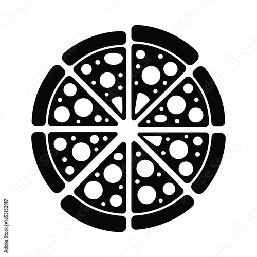 Silhouette of whole pizza with triangular slices classic round shape isolated on white background vector illustration