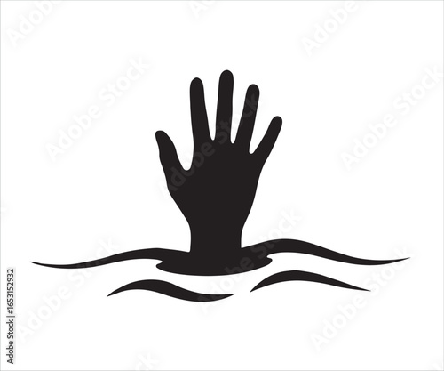 Icon of a hand emerging from water, drowning symbol, danger, emergency response, rescue concept, survival illustration, water safety, distress signal vector design