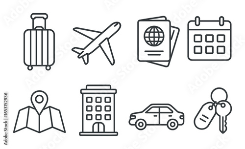 Travel icon set featuring luggage, airplane, passport, calendar, and more