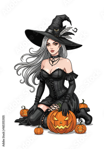 Beautiful Halloween witch pin-up, gothic black corset dress, owl on hat, and glowing jack-o’-lantern pumpkins, perfect spooky fantasy art for Halloween themes