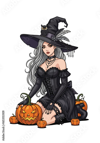 Beautiful Halloween witch pin-up, gothic black corset dress, owl on hat, and glowing jack-o’-lantern pumpkins, perfect spooky fantasy art for Halloween themes
