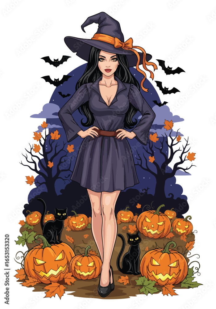 Fototapeta premium Halloween witch pin-up illustration with black cats, flying bats, jack-o’-lantern pumpkins, and autumn leaves, perfect spooky fantasy artwork for Halloween celebration themes