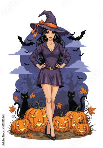 Halloween witch pin-up illustration with black cats, flying bats, jack-o’-lantern pumpkins, and autumn leaves, perfect spooky fantasy artwork for Halloween celebration themes