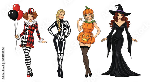 Halloween pin-up illustration featuring women in festive costumes: jester, skeleton witch, pumpkin girl, and elegant witch, perfect spooky holiday design for party and celebration themes