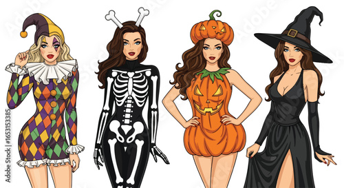 Halloween pin-up illustration featuring women in festive costumes: jester, skeleton witch, pumpkin girl, and elegant witch, perfect spooky holiday design for party and celebration themes