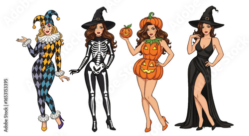Halloween pin-up illustration featuring women in festive costumes: jester, skeleton witch, pumpkin girl, and elegant witch, perfect spooky holiday design for party and celebration themes