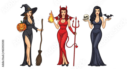 Halloween pin-up illustration featuring sexy witch with pumpkin, devil woman with fire and trident, and gothic lady with skull and bat, perfect spooky holiday costume design