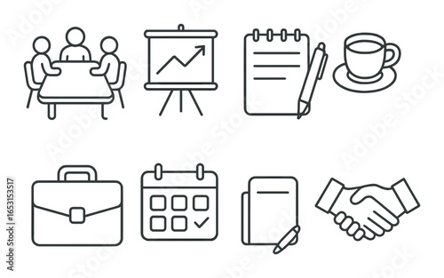 Business meeting icons: graph, notebook, coffee, briefcase, calendar, handshake