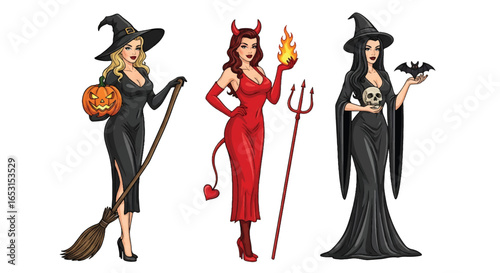 Halloween pin-up illustration featuring sexy witch with pumpkin, devil woman with fire and trident, and gothic lady with skull and bat, perfect spooky holiday costume design