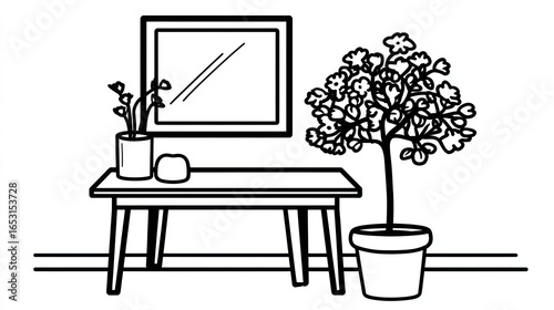 Black & white drawing of table scene with potted plants and framed art