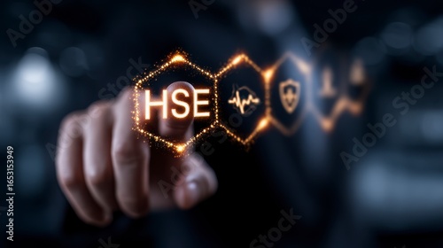 Digital HSE Management Concept Businessman Engaging with Health Safety and Environment Icons in Corporate Setting. Optimize workplace wellbeing a strategic approach boosting operational