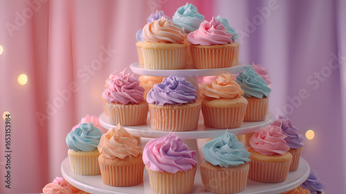 Pastel Cupcake Tower: A delightful display of colorful cupcakes perfect for celebrations and sweet treats.