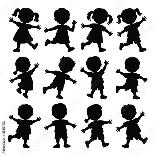 Black Silhouettes of Children Running and Playing Group of Active Kids in Different Poses Isolated on White Background