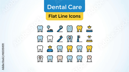 Dental Care Flat Line Icons Showing Teeth and Oral Hygiene Tools tooth