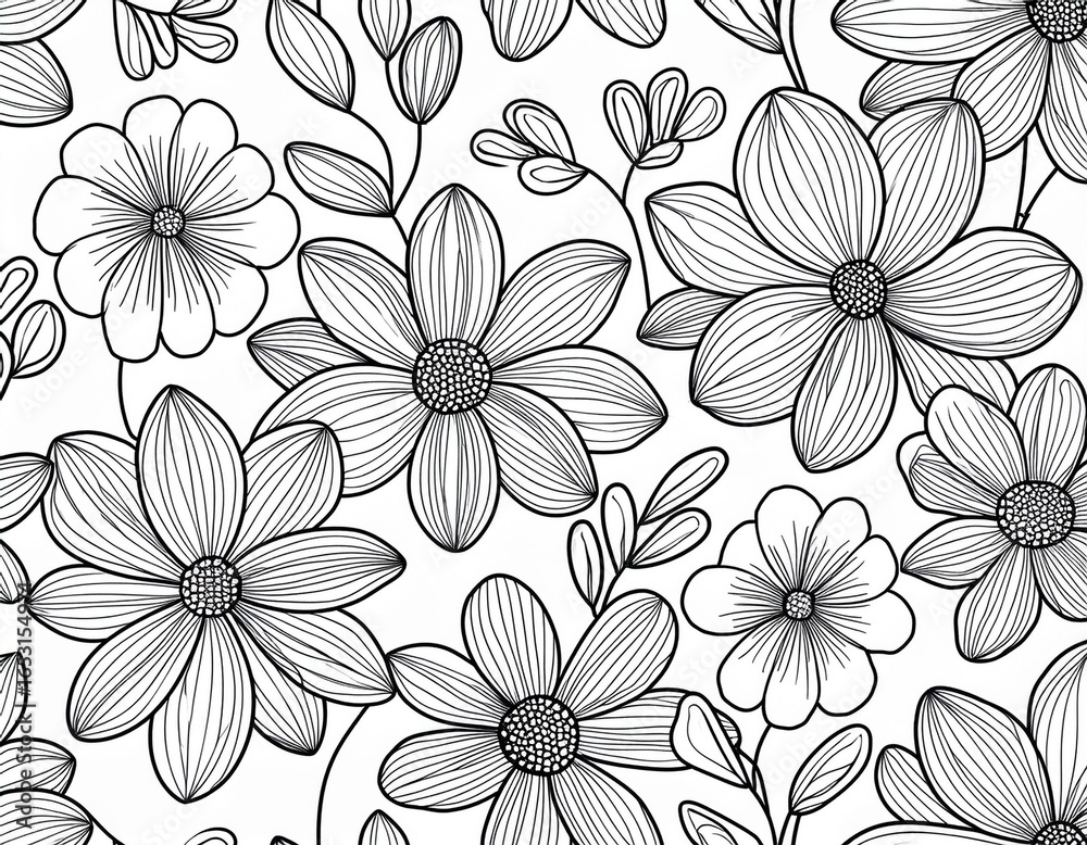 simple floral seamless pattern black outline of flowers on white background for fabric prints textiles packaging simple floral seamless pattern black outline of flowers on white background for fabric prints textiles packaging