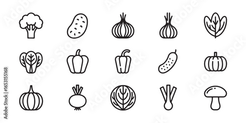Vegetable icons in black and white for broccoli, onion, pumpkin, and more.