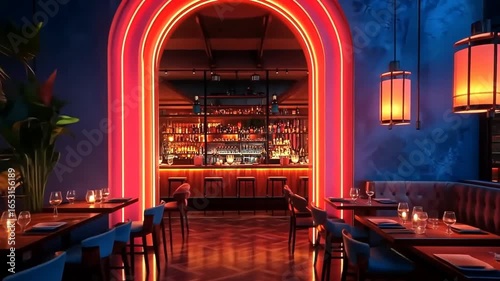Red Neon Lights and a Bar in a Restaurant Interior