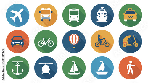 Fifteen Circular Icons Representing Various Modes of Transportation and Travel airplane