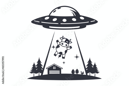 UFO Abducting Cow Silhouette over Cabin and Trees on White Background