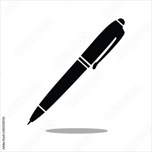 A sleek black ballpoint pen casting a subtle shadow on a clean white background