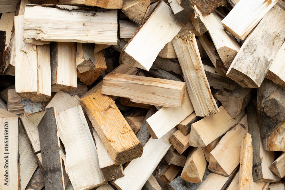 Lot of chopped firewood close-up, wood texture. Preparing firewood for the winter. Firewood for the fireplace. Wall of firewood. Lot of chopped firewood close-up, wood texture. Preparing firewood for the winter. Firewood for the fireplace. Wall of firewood.