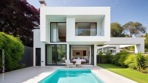 White exterior and interior design of a modern luxury villa with lush gardens and a bedroom, featuring a large pool in front of it. 緑豊かな庭園とベッドルームを備えたモダンで豪華なヴィラの白い外観と内装デザイン。正面に大きなプールがあります。