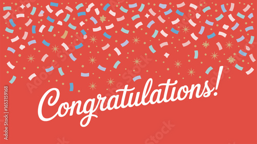 “Congratulations!” festive red background with white cursive text, colorful confetti, and golden stars – celebratory design for achievements