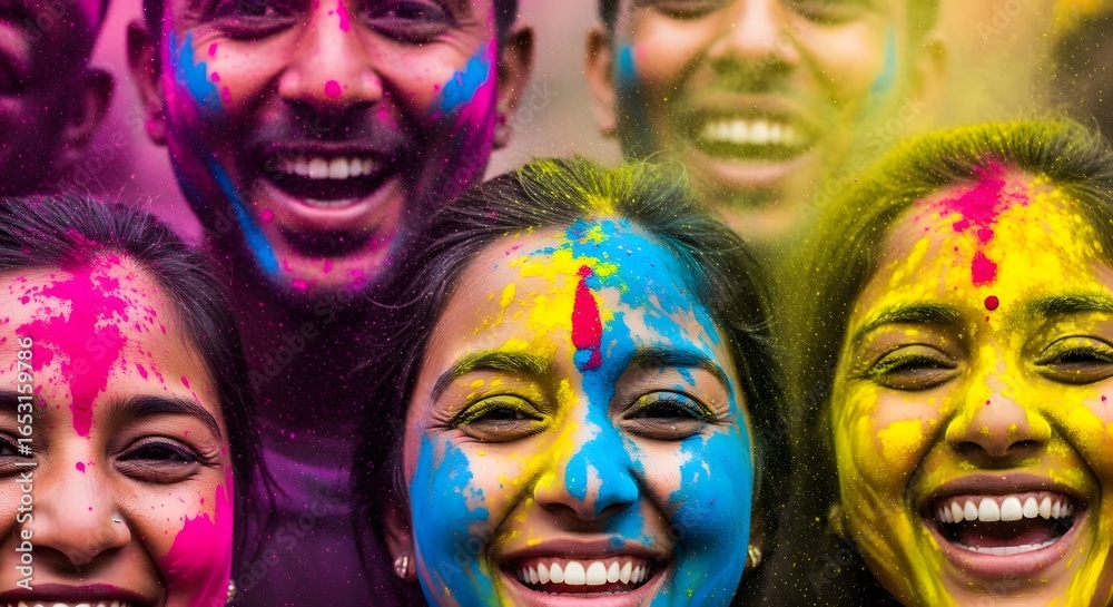 Obraz premium Joyful faces painted with vibrant Holi colors, celebrating the festival of colors with laughter and togetherness.