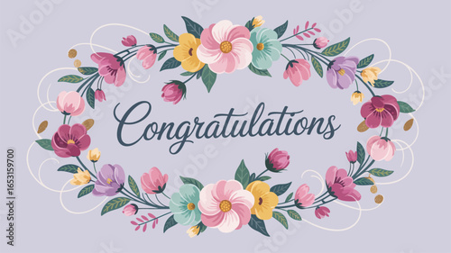 Floral wreath with “Congratulations” text – elegant botanical frame with colorful flowers and leaves on lavender background